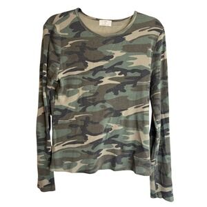 T.la Anthropologie Womens Large Camo Ribbed Long Sleeve Crew Neck Top Green
